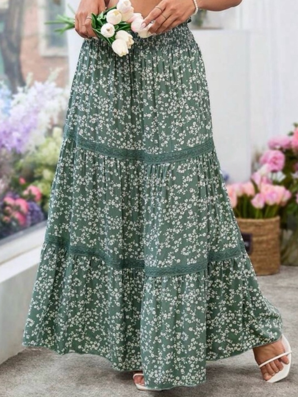 Altar’d State Sage Green Floral Tiered Maxi Skirt